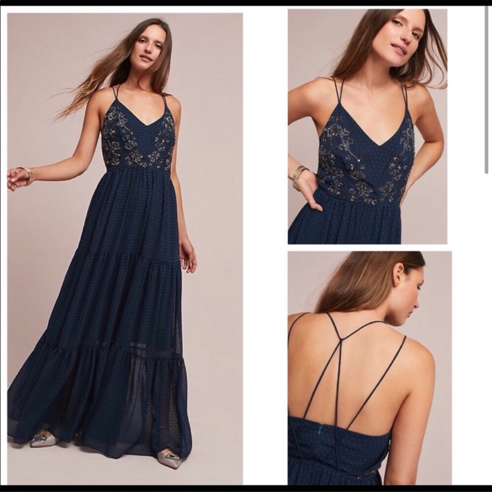 Anthropologie Navy Blue Embroidered Maxi Dress